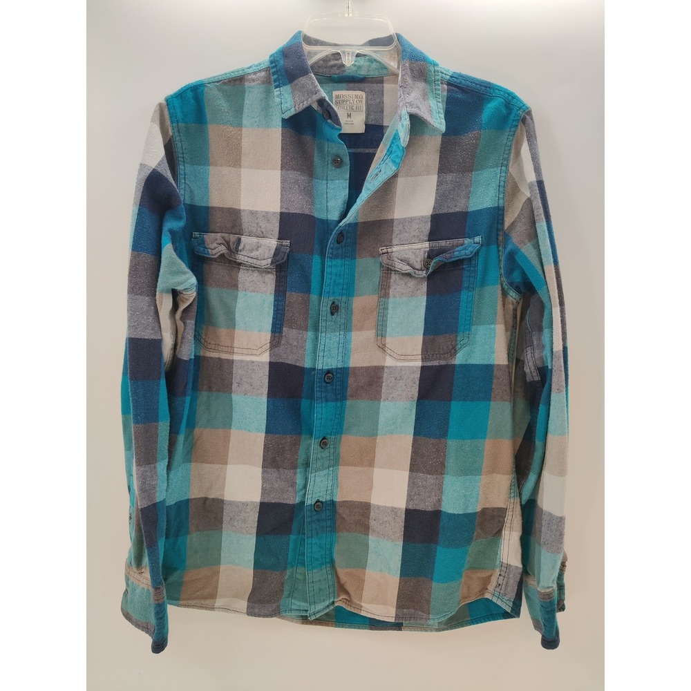 Mossimo Supply Co Mens Flannel Shirt Medium Athletic Fit Teal Blue Plaid Cotton